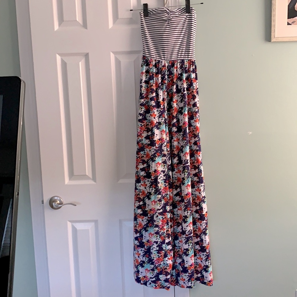 Floral and stripe strapless jumpsuit